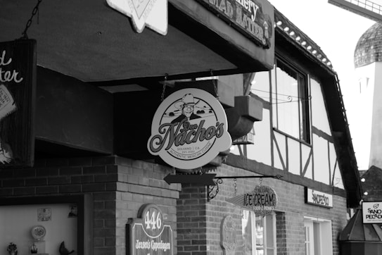 A monochrome image featuring several shop signs in a quaint village setting. The central focus is on a round sign for 'Don Nacho's Authentic Mexican Cuisine,' accompanied by other signs for ice cream and various shops. The architecture includes brickwork and a half-timbered structure, reminiscent of European village styles, with a windmill partially visible in the background.