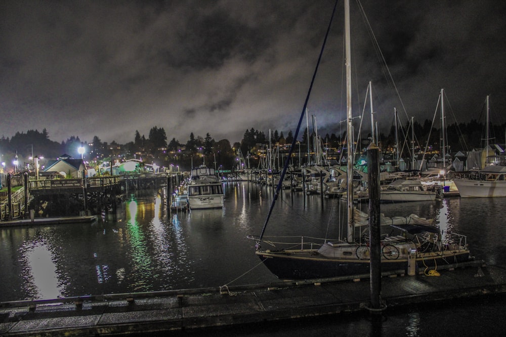 a harbor filled with lots of boats at night