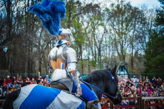 A knight in shining armor with a large blue feathered plume on the helmet is mounted on a horse. The horse is covered with a blue and white caparison. The scene is set outdoors with a wooded background, and there is a large crowd of spectators in the distance, indicating a public event or festival.