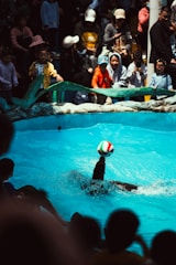A group of children watching a dog perform rescue exercises near a pool.