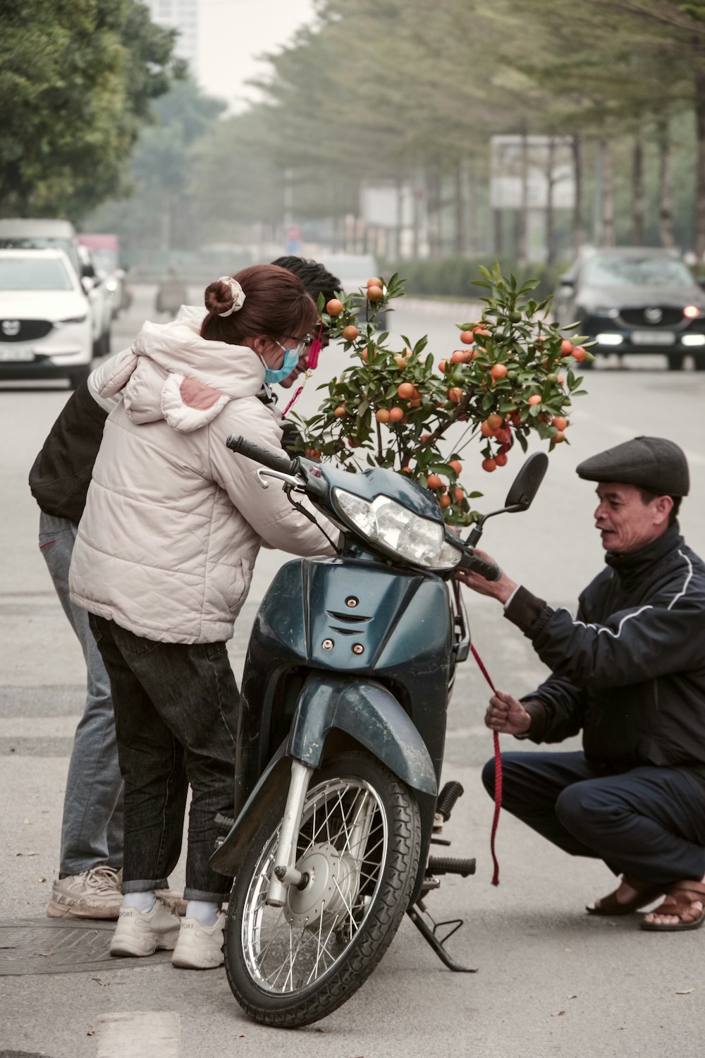 a man kneeling down next to a motorcycle with a potted plant on the back