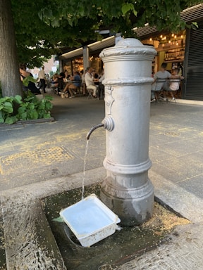 A classic drinking fountain is placed in an outdoor setting with surrounding greenery and a bustling café in the background. Water flows steadily from the spout into a plastic container on the ground. Several people are seated at tables, enjoying their time under what seems to be a tree canopy.