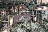 A cozy setting featuring abundant greenery, including various potted plants and ferns. There is a rustic sign displaying the word 'Alive' amidst the lush foliage. The background shows a metal staircase and white walls with some industrial elements.
