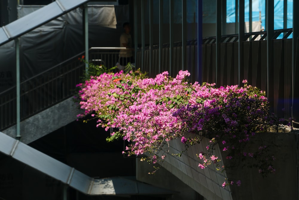 a planter filled with purple flowers next to a staircase