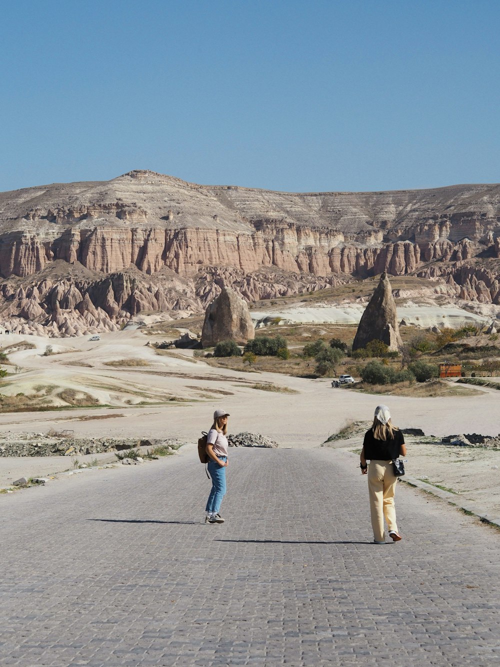 two people walking down a road in the desert