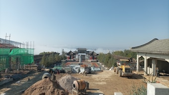 A construction site with traditional Asian architecture in the background, surrounded by scaffolding and building materials. A large piece of construction equipment is visible, and in the distance, a misty landscape can be seen, creating a serene backdrop.