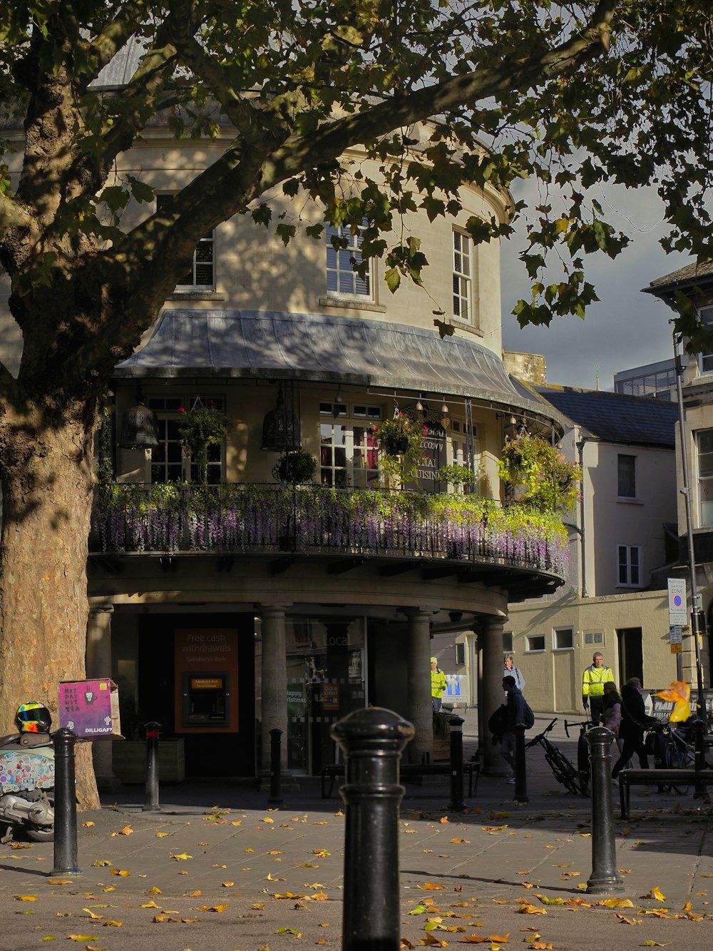 a tree in front of a building with a balcony