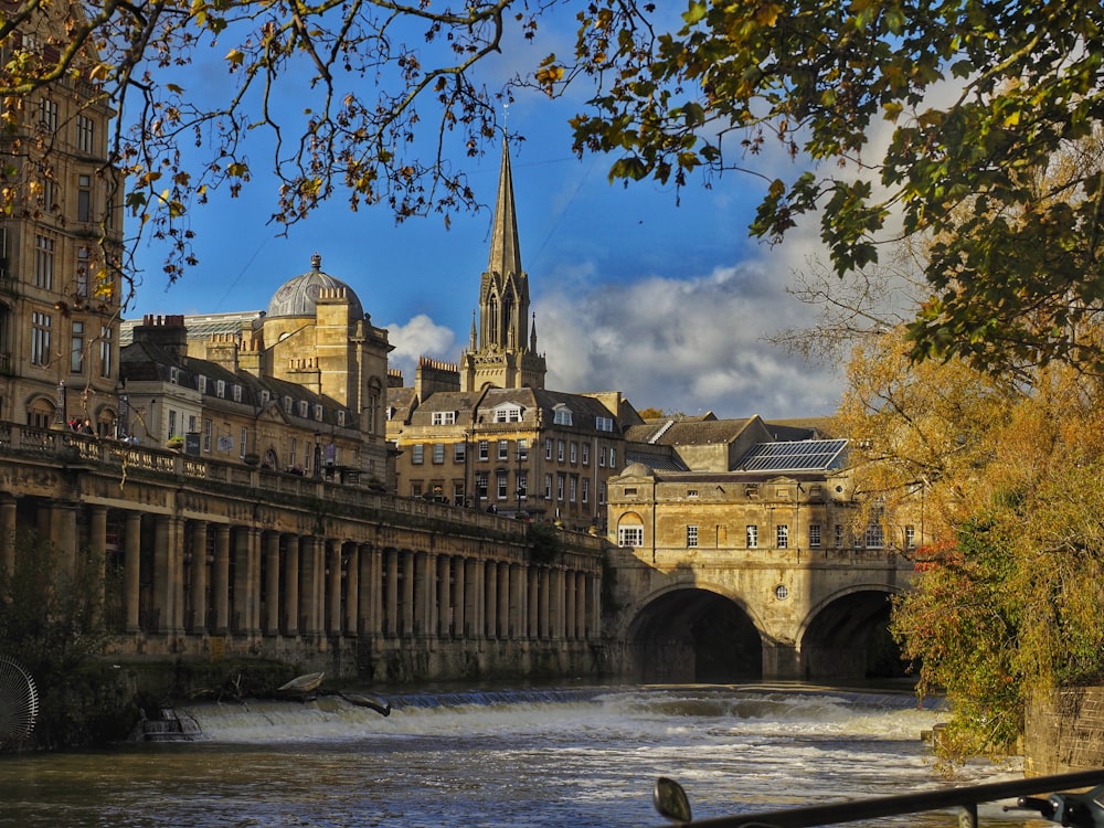 a river running through a city next to tall buildings