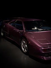 A sleek dark-themed website design with purple accents on a black background.