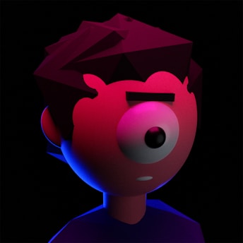 A stylized cartoon character with a single large eye is depicted against a dark background. The character's face is illuminated with contrasting red and blue lighting, giving a dramatic effect. The hair is spiky and angular, and the facial expression is neutral or slightly concerned.