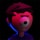 A stylized cartoon character with a single large eye is depicted against a dark background. The character's face is illuminated with contrasting red and blue lighting, giving a dramatic effect. The hair is spiky and angular, and the facial expression is neutral or slightly concerned.