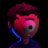 A stylized cartoon character with a single large eye is depicted against a dark background. The character's face is illuminated with contrasting red and blue lighting, giving a dramatic effect. The hair is spiky and angular, and the facial expression is neutral or slightly concerned.
