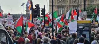 A large crowd gathers for a protest, holding numerous banners and flags, predominantly featuring the Palestinian flag. Signs and placards with messages such as 'Free Palestine,' 'End Israeli Apartheid,' and 'Ceasefire' are being displayed. The setting appears to be near a historical or government building, indicated by ornate architecture in the background. The crowd is diverse, with people of various ages participating.
