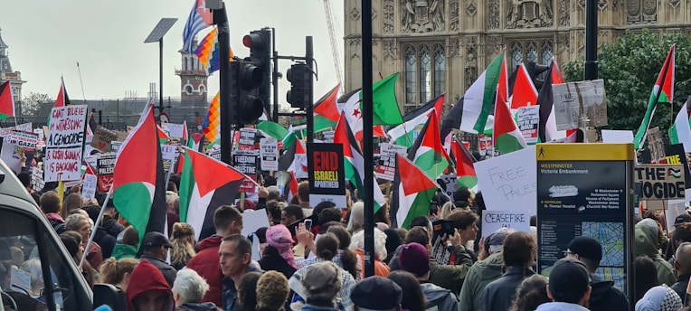A large crowd gathers for a protest, holding numerous banners and flags, predominantly featuring the Palestinian flag. Signs and placards with messages such as 'Free Palestine,' 'End Israeli Apartheid,' and 'Ceasefire' are being displayed. The setting appears to be near a historical or government building, indicated by ornate architecture in the background. The crowd is diverse, with people of various ages participating.