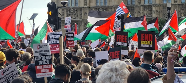 A large group of people are gathered in a protest, holding various signs and flags predominantly featuring red, black, green, and white colors. The banners and placards contain political messages supporting Palestine, demanding to end Israeli apartheid, and advocating for freedom. The protest takes place in an urban setting with stone buildings visible in the background.