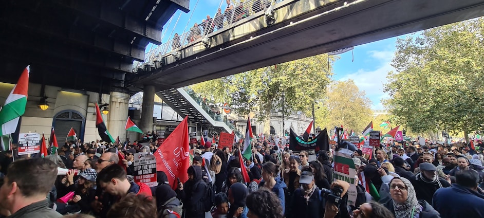 A passionate crowd waving flags at a vibrant political rally under a clear sky.