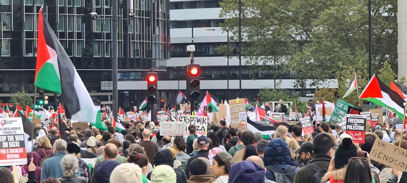 A crowd of protesters holding signs and flags during the March 24 revolution in Senegal.