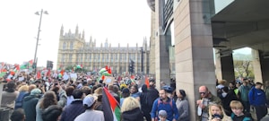 A large crowd of people gathered near a historic building with ornate architecture. Many people are holding and waving flags. The sky is overcast, suggesting a cool, possibly cloudy day.