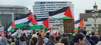 A group of diverse freelancers collaborating online with Palestinian flags in the background.