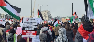 A large group of people are gathered in a protest, holding various signs and flags. The crowd includes individuals wearing different types of clothing, some with headscarves. Prominent signs include messages about stopping war and promoting socialist support. Flags with red, green, white, and black colors are visible throughout the crowd. In the background, city buildings and a gray sky can be seen.
