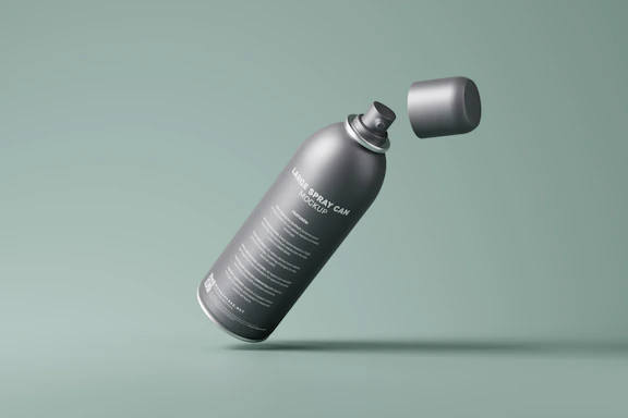 A spray can with black, red, and yellow colors and small skulls floating in the background.