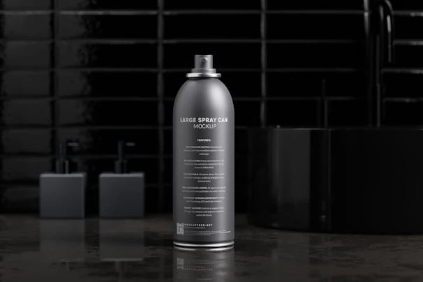 A sleek matte black pepper spray canister with a red safety lock, resting on a steel blue textured surface.