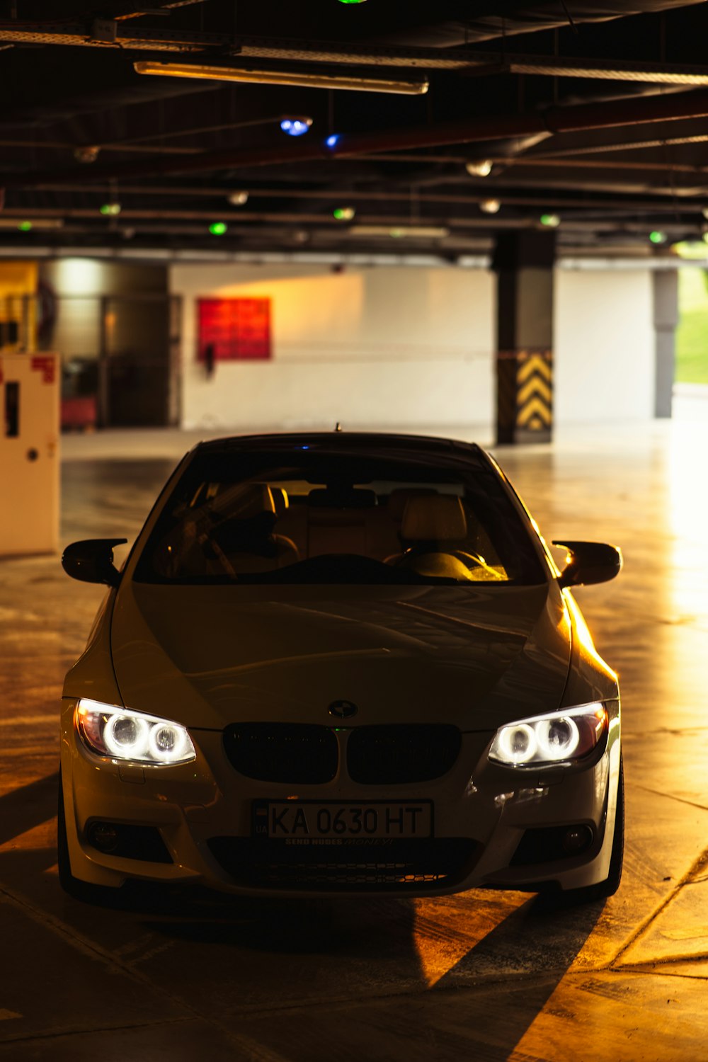 a car is parked in a parking garage