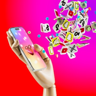 A wooden mannequin hand is holding a smartphone with a colorful screen displaying a 3D heart icon. Surrounding the phone are numerous floating social media icons in various shapes and colors, set against a vibrant pink and red gradient background.