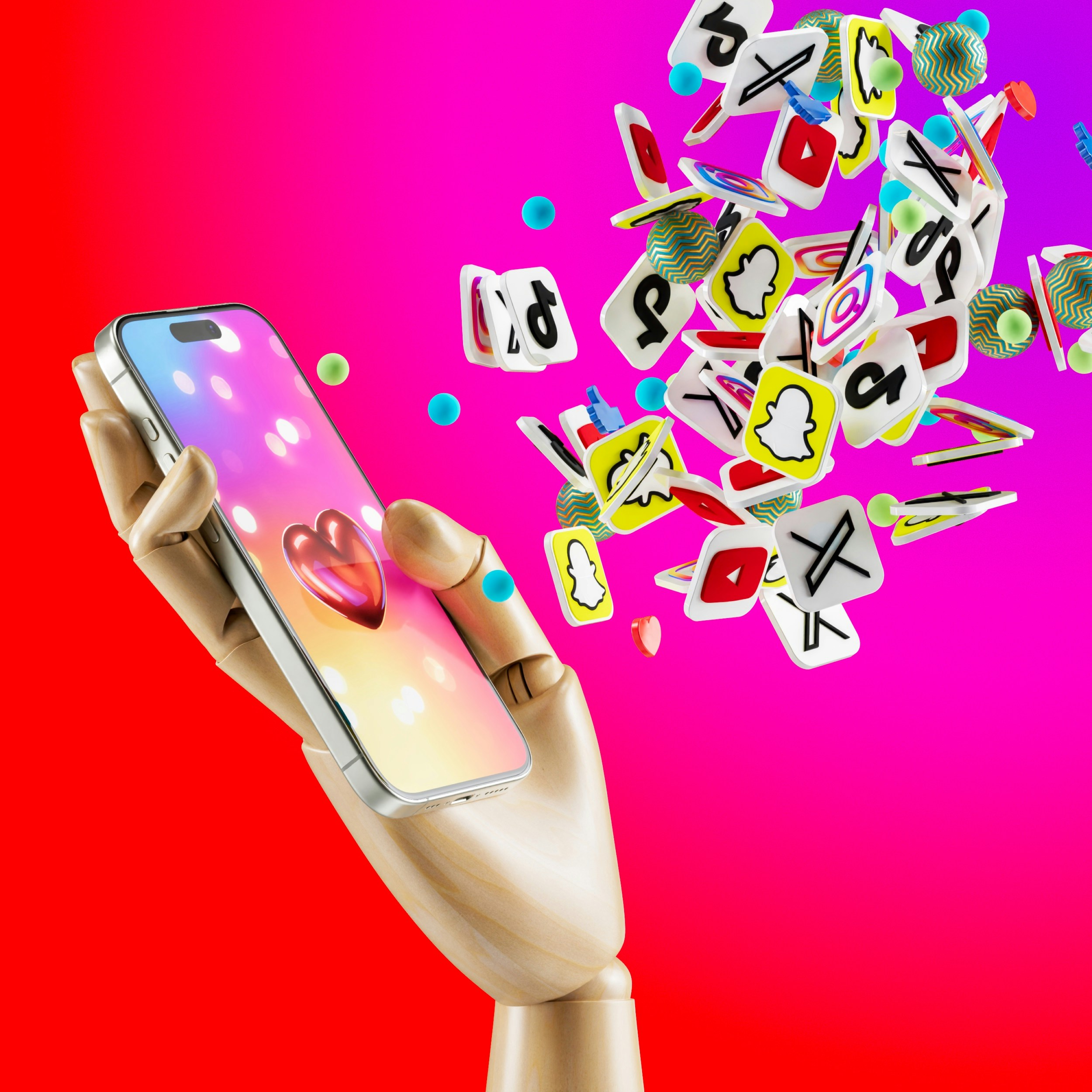 Wood hand holding an iPhone 15 Pro with an explosion of likes, thumb ups and apps