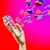 A wooden mannequin hand holding a smartphone, with heart and like icons emerging from the screen against a bright pink and red background. The icons appear three-dimensional and colorful, symbolizing social media engagement.