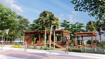 Outdoor garden area with residents walking and socializing under the sun.