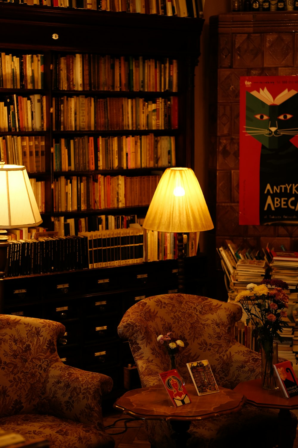 a living room filled with lots of books and furniture