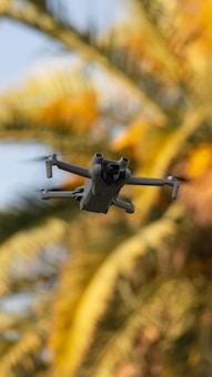 A drone is flying in front of a blurred background of palm tree leaves. The drone is gray and features four propellers, with the camera facing forward.