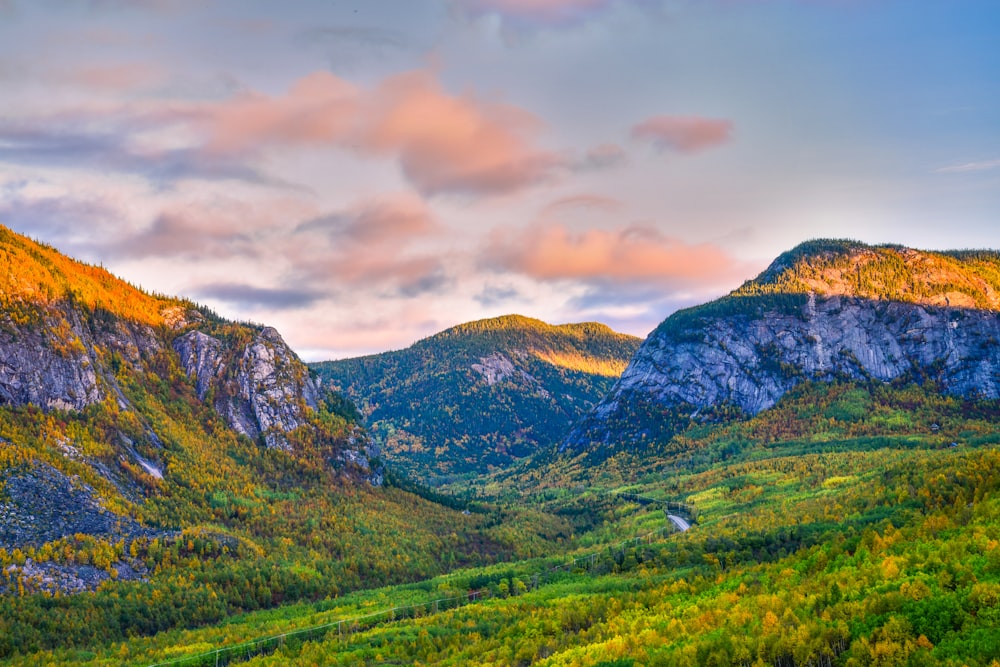 a scenic view of a valley with mountains in the background