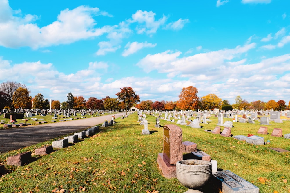 a cemetery with many headstones and trees in the background