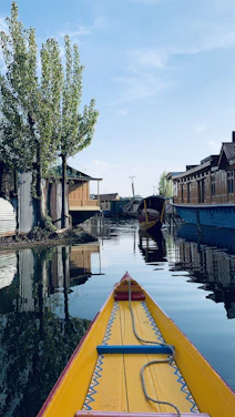 A colorful moliceiro boat gliding through Aveiro’s canals under a bright sky.