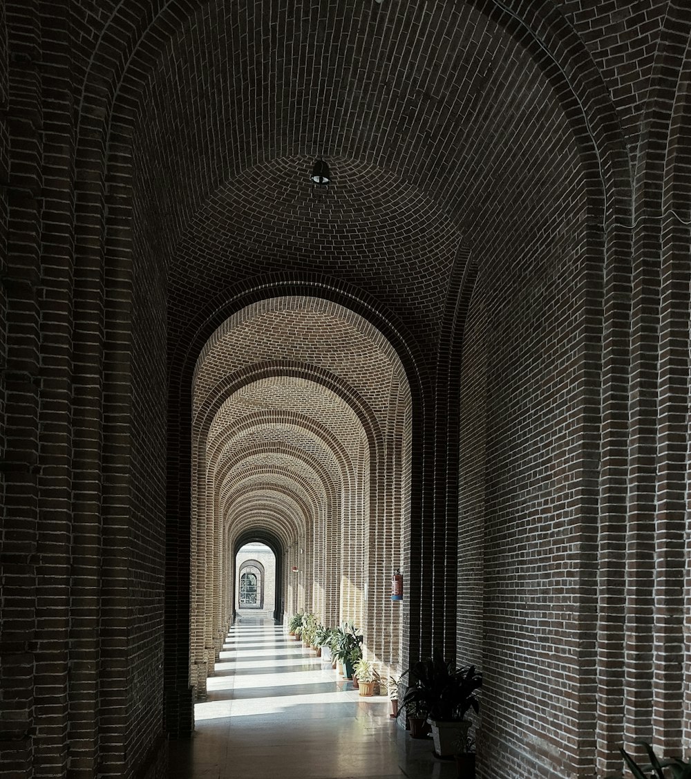 un largo pasillo con paredes de ladrillo y arcos