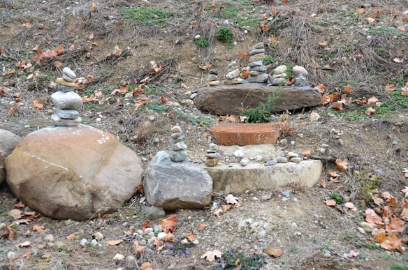 A landscape with several stacks of small rocks balanced on top of larger boulders. The ground is covered with dry leaves and grass, indicating a natural setting. The overall scene suggests calm and balance.
