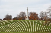 Rows of white headstones are neatly arranged in a cemetery, set against a backdrop of autumn trees with orange and brown foliage. A prominent stone monument topped with a statue is visible in the center, standing on a small hill.