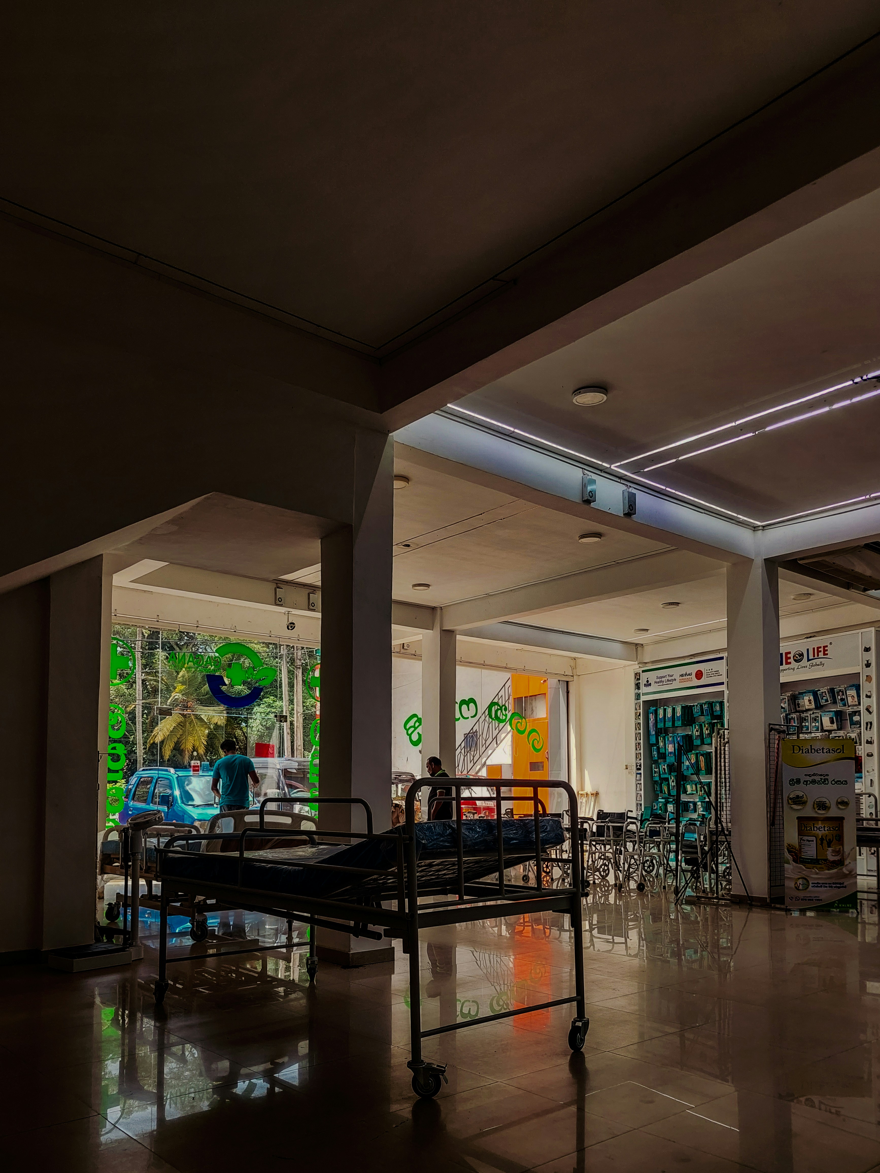 Organized objects in repetitive pattern on light surface, symmetrical arrangement, clinical bright lighting