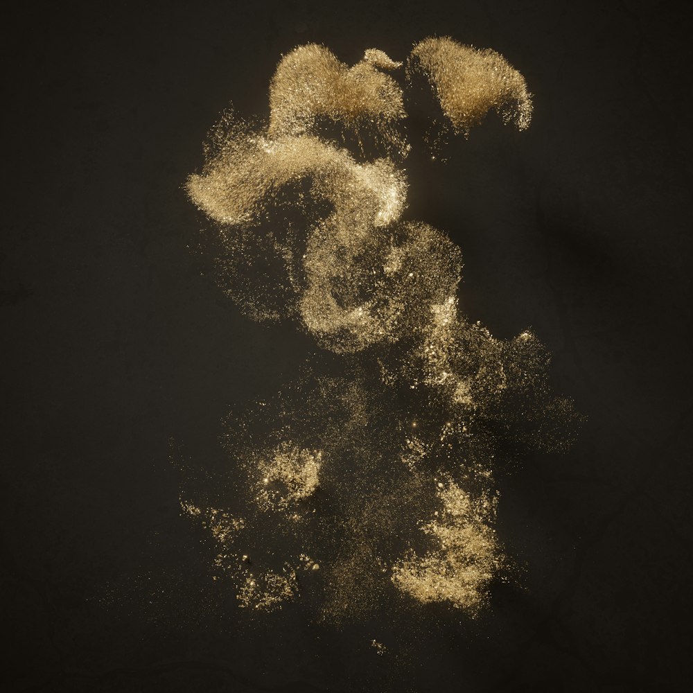 a teddy bear is sprinkled with powder on a black background