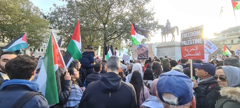 A large crowd gathers in a public square, holding flags and signs in support of Palestine. Many people wear winter clothing, and there is a prominent equestrian statue in the background. The scene is lively, with flags predominantly in red, green, white, and black. Trees with autumn leaves frame the gathering.