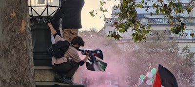 Two people are positioned on a platform next to a lamppost, with one holding onto the structure and the other carrying a flag. There is pink-colored smoke in the air, with trees and a building in the background. Several flags and balloons are visible below, suggesting a protest or demonstration.