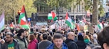 A large crowd gathers in a city setting under trees, with many people holding Palestinian flags and signs advocating for Palestine. The scene appears lively and densely packed, with a mix of different people in various clothing and jackets.