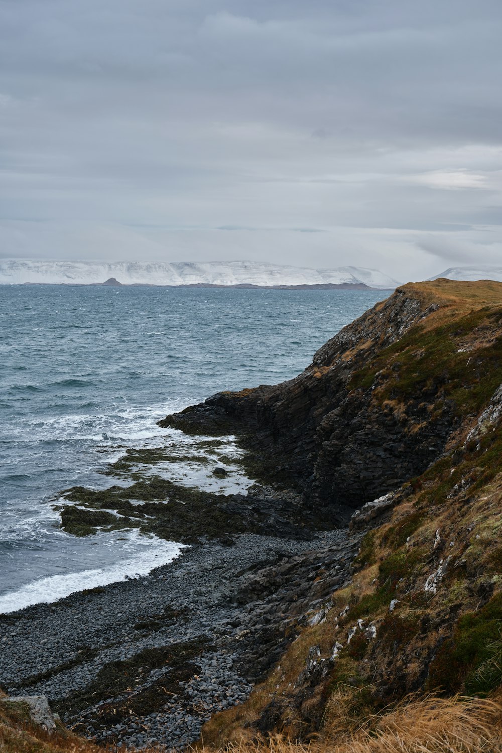 a rocky shore with a body of water in the distance