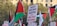 A protest scene with multiple Palestinian flags waving in the air. A prominent sign in the center reads 'Boycott, Divestment, Sanctions and Make Your Own Hummus.' Several other placards are visible with various messages. Trees and a building can be seen in the background.