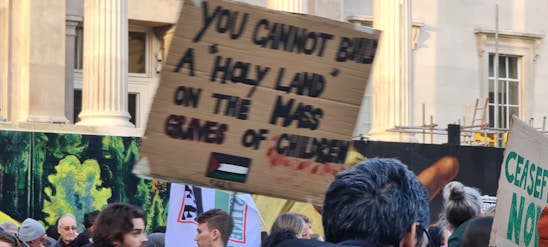 A group of people are gathered in a protest with signs. One prominent sign reads 'YOU CANNOT BUILD A 'HOLY LAND' ON THE MASS GRAVE OF CHILDREN' with the flag of Palestine depicted on it. The setting appears to be urban with building columns and artwork in the background.