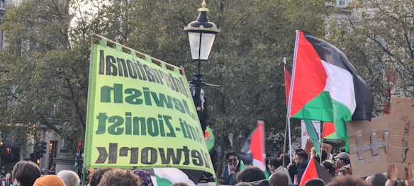 A group of people gathered outdoors, holding flags and signs. The flags display red, black, white, and green colors, and one of the signs has bold text with a green background. Trees and a streetlight are visible in the background.