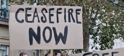 A cardboard sign with the bold black letters 'CEASEFIRE NOW' held in an outdoor environment. Behind the sign, a glimpse of a tree with green leaves and a portion of a building is visible. Additional signs can be partially seen in the background.