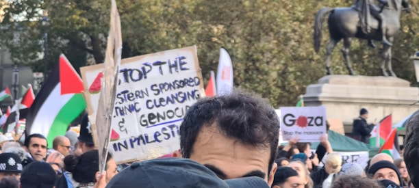 A large crowd is gathered for a protest with people holding signs and waving flags. The signs display messages about stopping ethnic cleansing and supporting Gaza. In the background, there is a large equestrian statue.